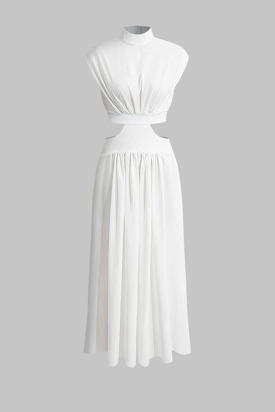 Mock Neck Cut Out Plissé Maxi Jurk