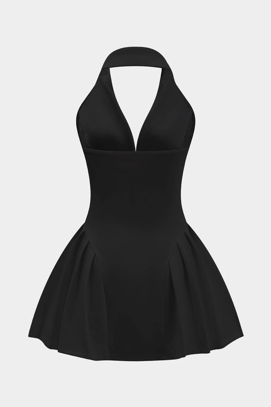 Halter Nek Knop Rimpel Mouwloze Mini Jurk
