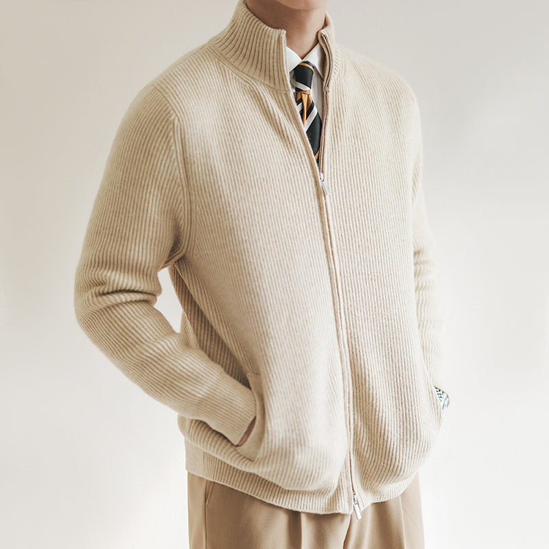 Heren Slim Fit Rits Cardigan met Geribbelde Textuur en Staande Kraag