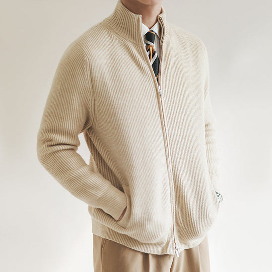 Heren Slim Fit Rits Cardigan met Geribbelde Textuur en Staande Kraag