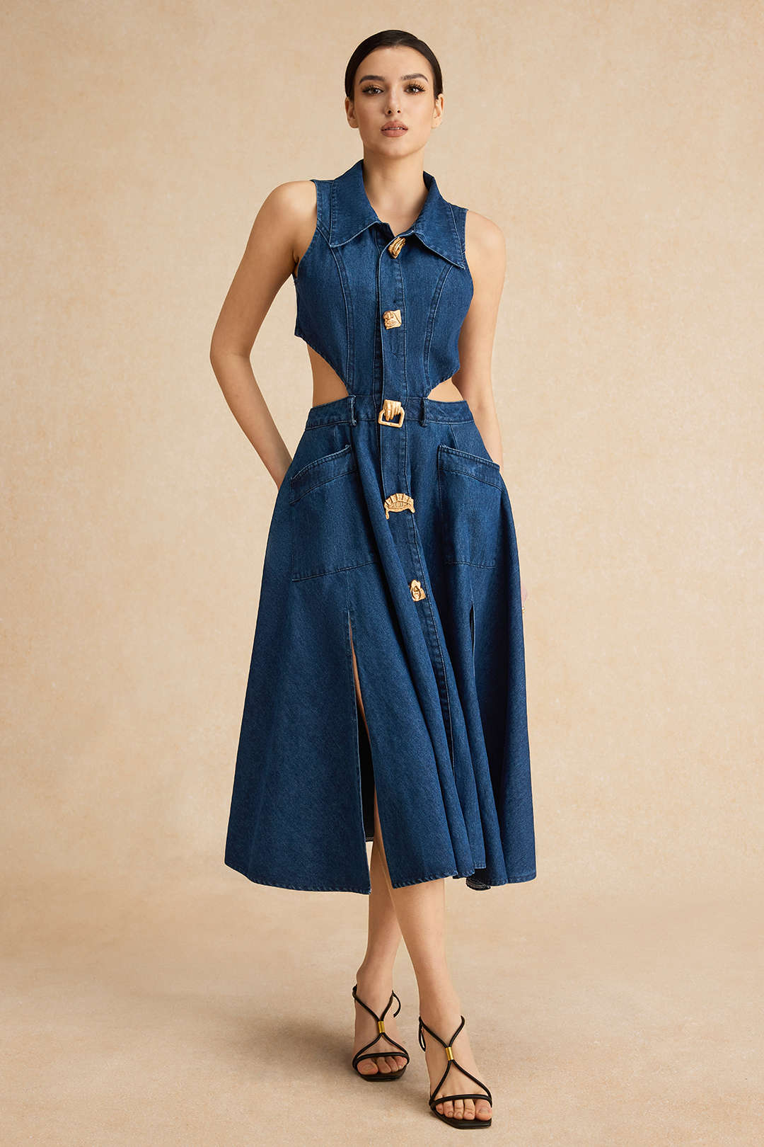 Denim Knopen Cut Out Jurk