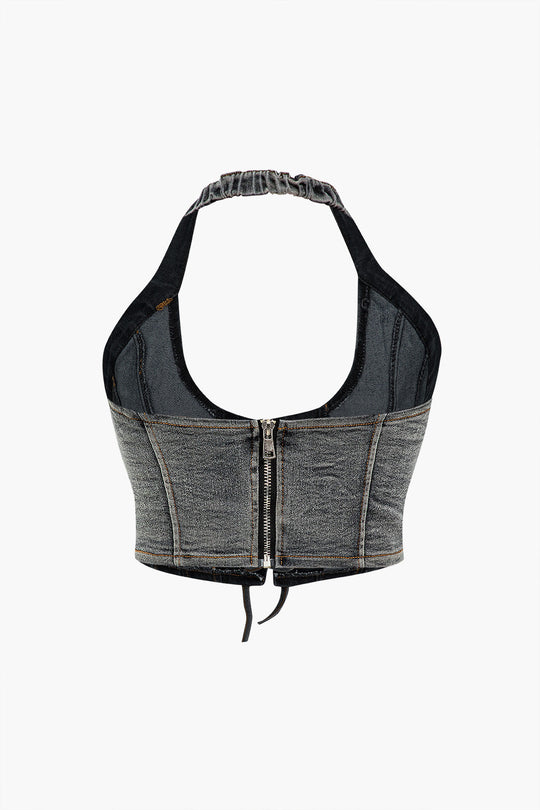 Denim Haltertop met Strikdetail en Minirok Set