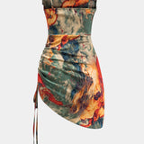 Aquarel Print Satijnen Rimpel Drawstring Slip Mini Jurk