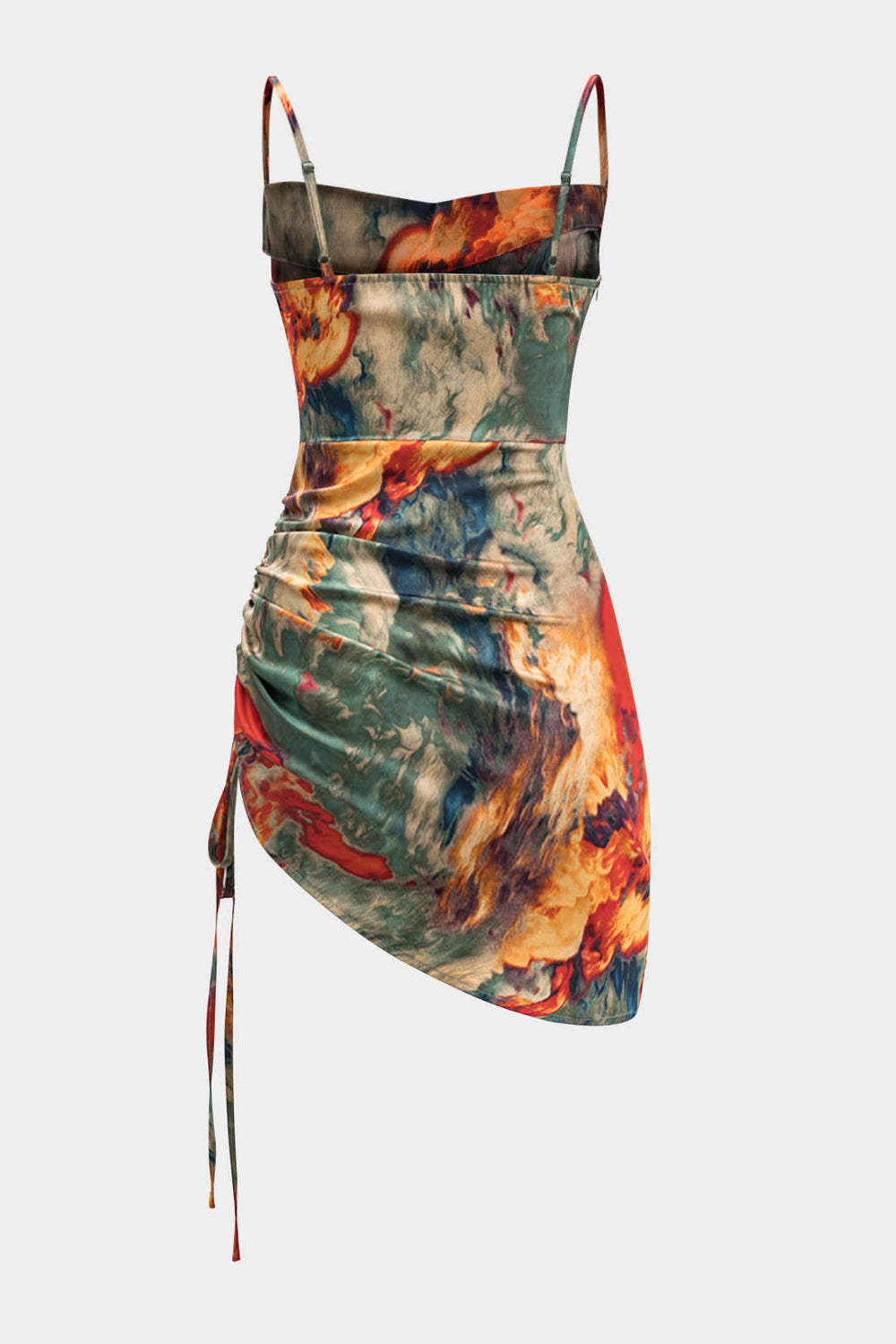 Aquarel Print Satijnen Rimpel Drawstring Slip Mini Jurk