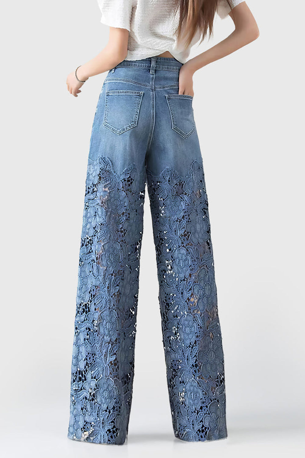 Kant Uitsnede Patchwork Wijde Pijpen Jeans