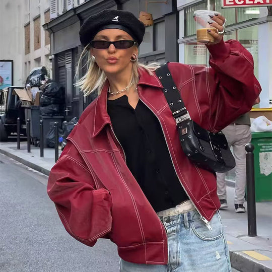 Dames Oversized Bomberjack | PU Leer met Contrasterende Stiksels | Jas met Rits en Voering