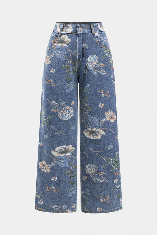 Retro Bloemenprint Denim Knopenzak Brede Pijpen Jeans
