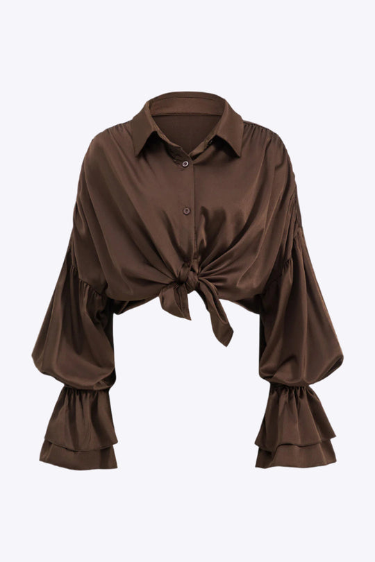 Thea - Strakke Knopjes Satijnen Dames Langemouwen Shirt