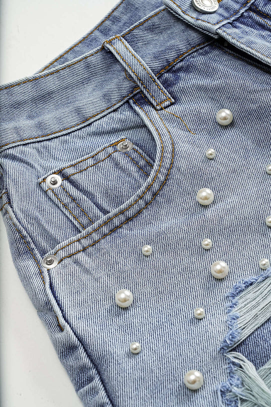 Denim Hoge Taille Bead Shorts