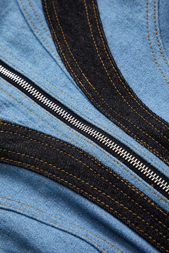 Contrast Denim Patchwork Zipper Bustier Jurk