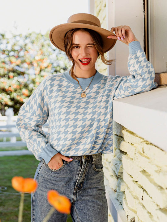 Houndstooth Geribbelde Trim Sweater | Lange Mouwen | Casual Trui met Verlaagde Schouders