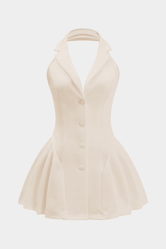 Halter Nek Knop Rimpel Mouwloze Mini Jurk