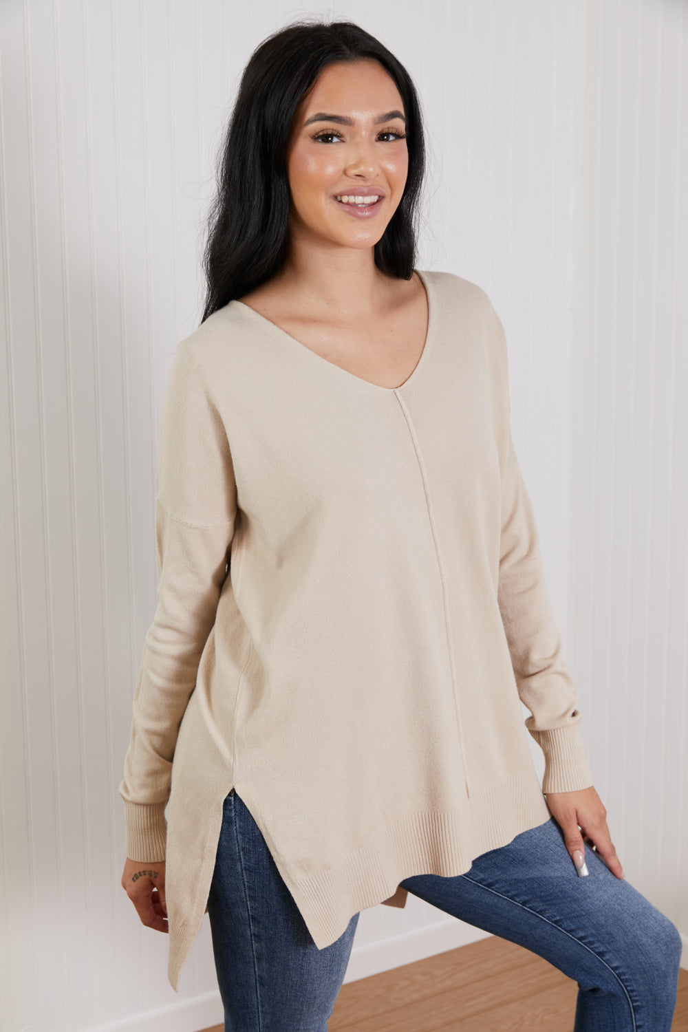 Dames Tuniek Sweater | Met V-Hals en High-Low Design | Comfortabele Lange Trui met Zijsplit