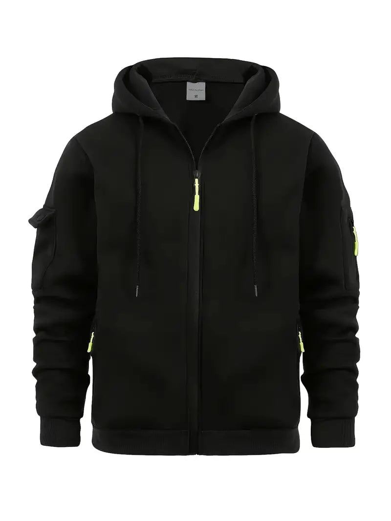 Heren Zip-Up Hoodie met Utility Pockets en Trekkoord Kap