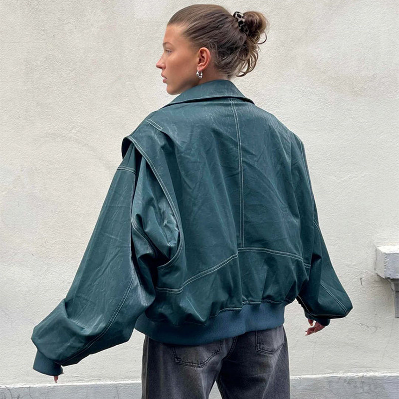 Dames Oversized Bomberjack | PU Leer met Contrasterende Stiksels | Jas met Rits en Voering