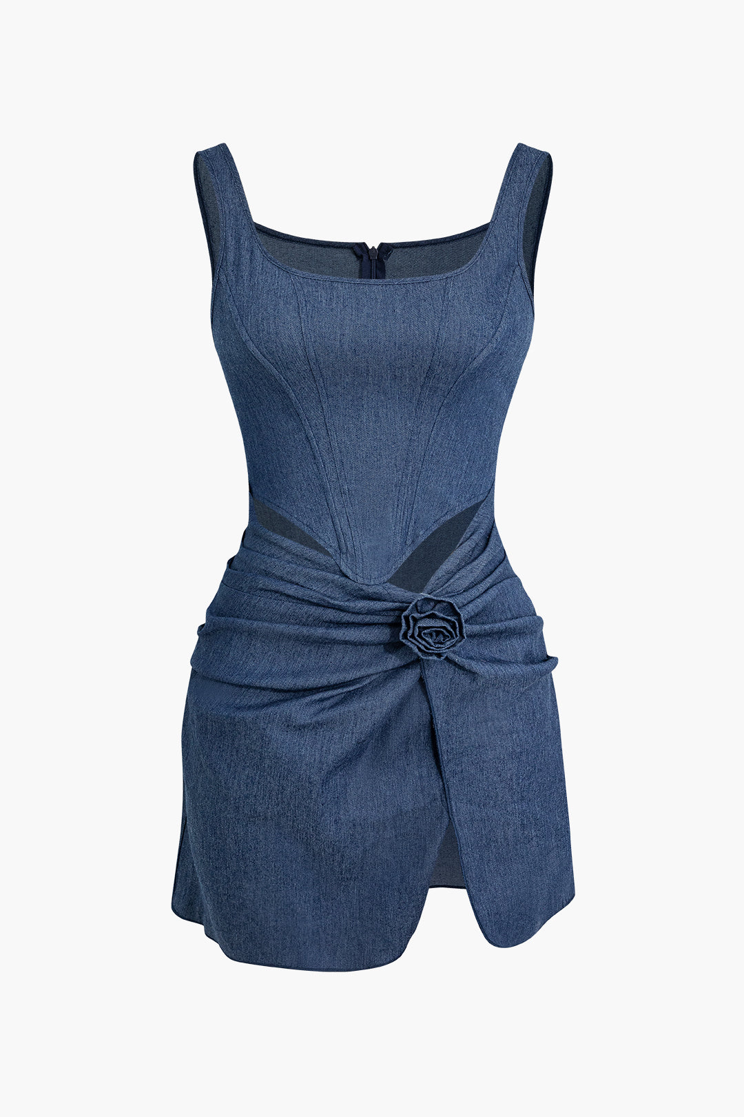 3D Bloem Rimpel Tank Denim Jurk – Verfijnde Pasvorm voor Elke Gelegenheid