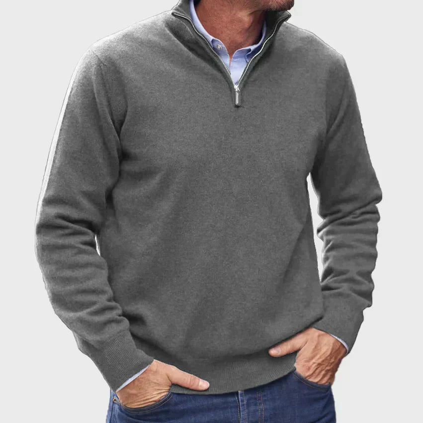 Heren Half-Zip Gebreide Trui met Staande Kraag en Geribbelde Mouwen