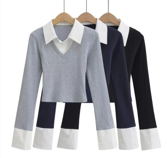 Rhea - Modern Patchwork Design Dames Lang Sleef Shirt