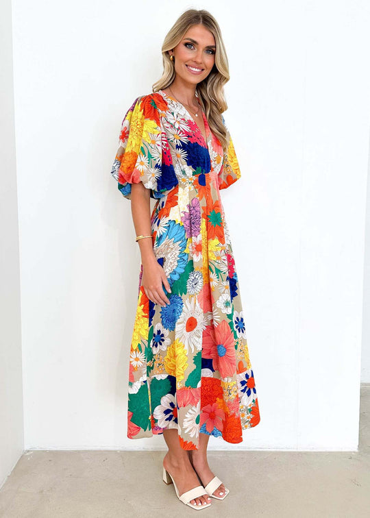 Bloom Elegance – Midi Jurk met Abstracte Bloemenprint