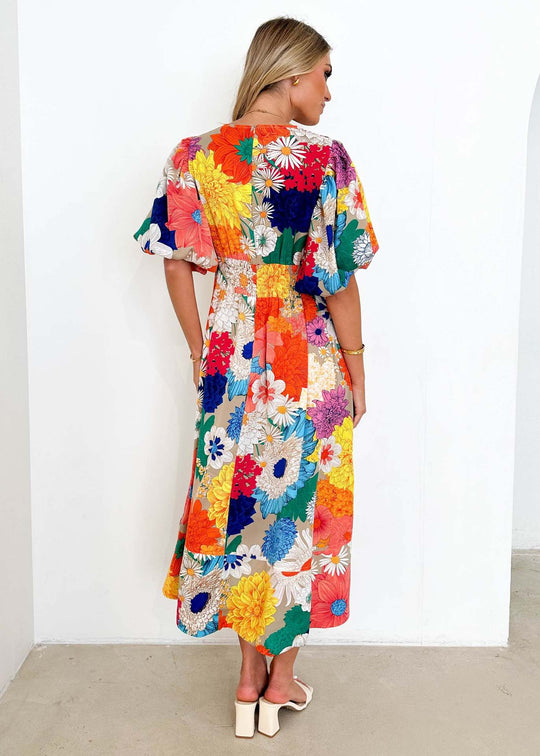 Bloom Elegance – Midi Jurk met Abstracte Bloemenprint