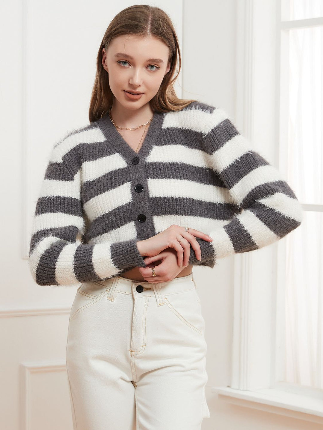 Knopen Down V-Hals Gestreepte Cardigan | Comfortabele Lagen | Tijdloos Gestreept Design