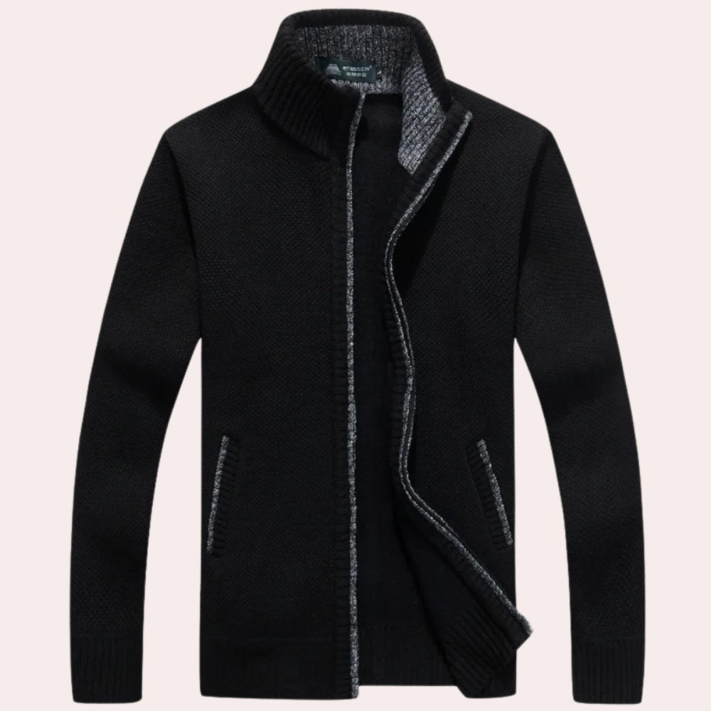 Heren Gebreide Zip-Up Cardigan met Geruite Voering en Hoge Hals