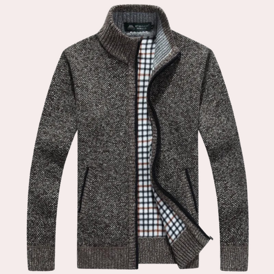 Heren Gebreide Zip-Up Cardigan met Geruite Voering en Hoge Hals
