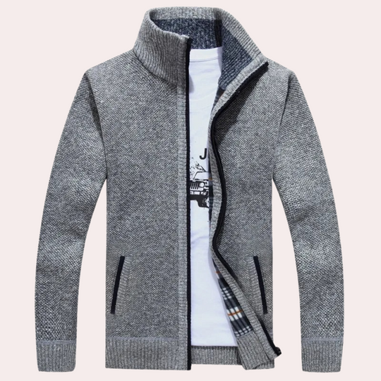 Heren Gebreide Zip-Up Cardigan met Geruite Voering en Hoge Hals