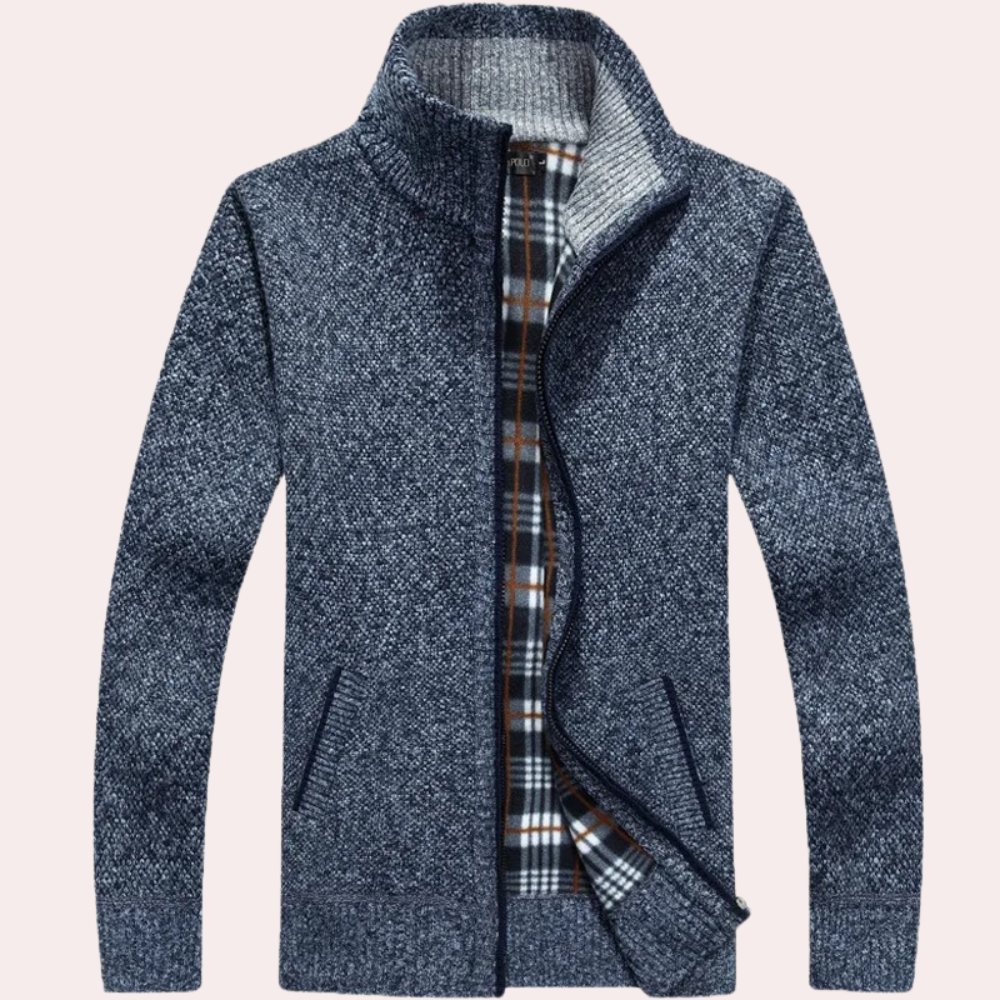 Heren Gebreide Zip-Up Cardigan met Geruite Voering en Hoge Hals