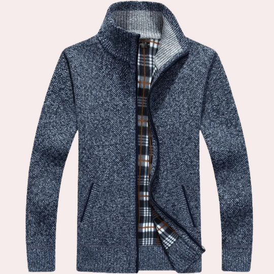 Heren Gebreide Zip-Up Cardigan met Geruite Voering en Hoge Hals