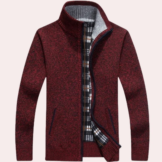 Heren Gebreide Zip-Up Cardigan met Geruite Voering en Hoge Hals