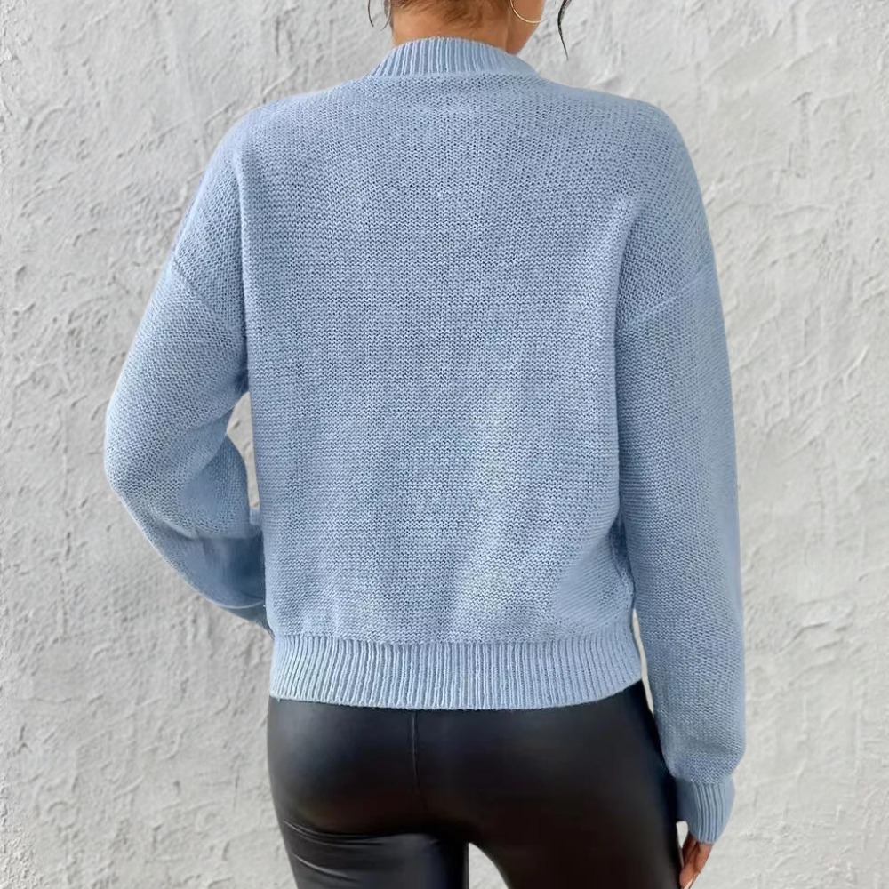 Dames Blauwe Kabelgebreide Trui met Ronde Hals en Lange Mouwen