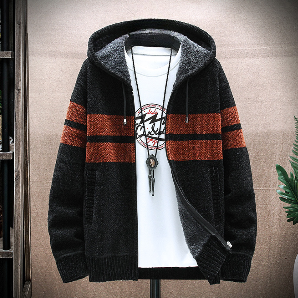Heren Fleece-Lined Zip Hoodie met Trekkoord Capuchon en Gestreept Ontwerp