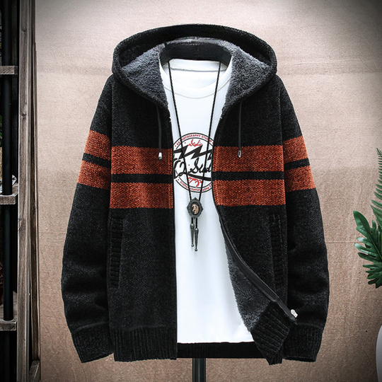 Heren Fleece-Lined Zip Hoodie met Trekkoord Capuchon en Gestreept Ontwerp