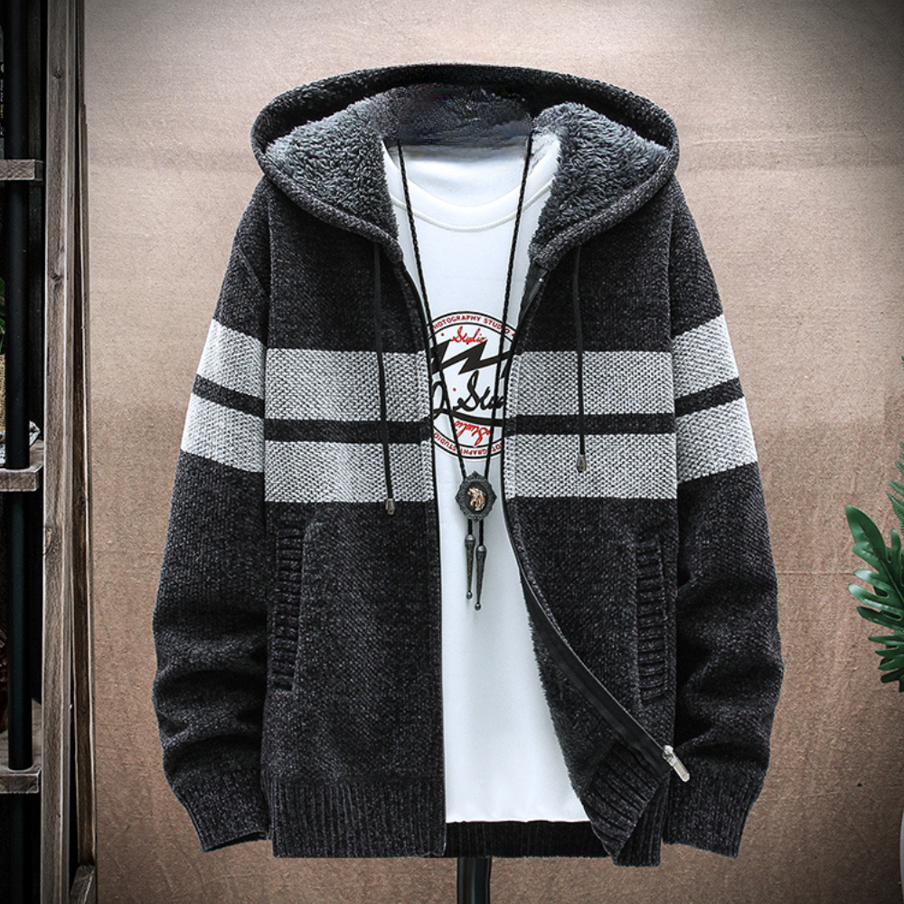 Heren Fleece-Lined Zip Hoodie met Trekkoord Capuchon en Gestreept Ontwerp