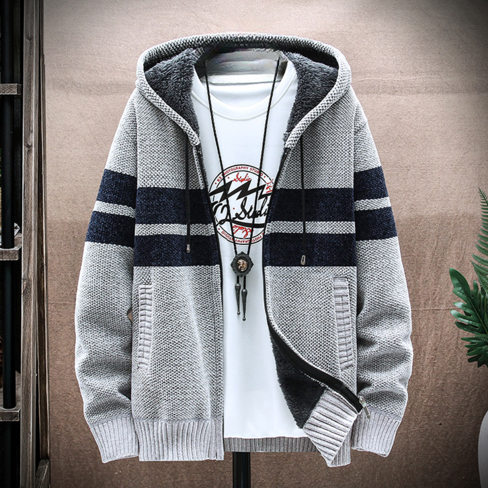 Heren Fleece-Lined Zip Hoodie met Trekkoord Capuchon en Gestreept Ontwerp
