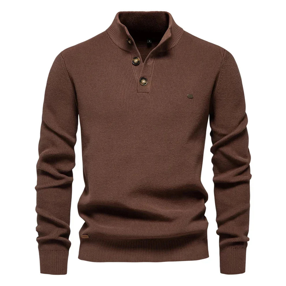 Heren Knitted Jumper met Knopsluiting en Staande Kraag in Tailored Fit