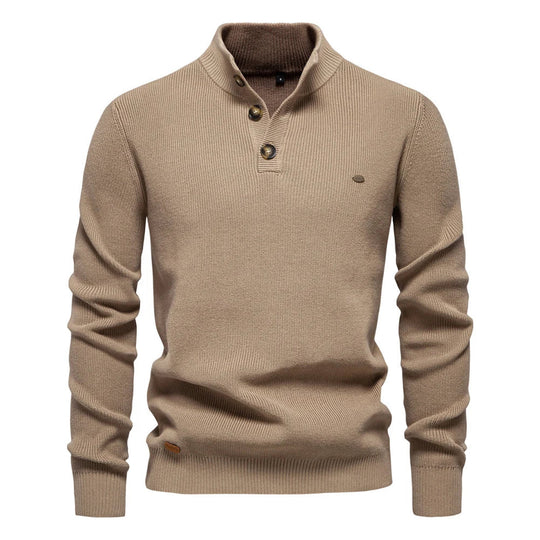 Heren Knitted Jumper met Knopsluiting en Staande Kraag in Tailored Fit