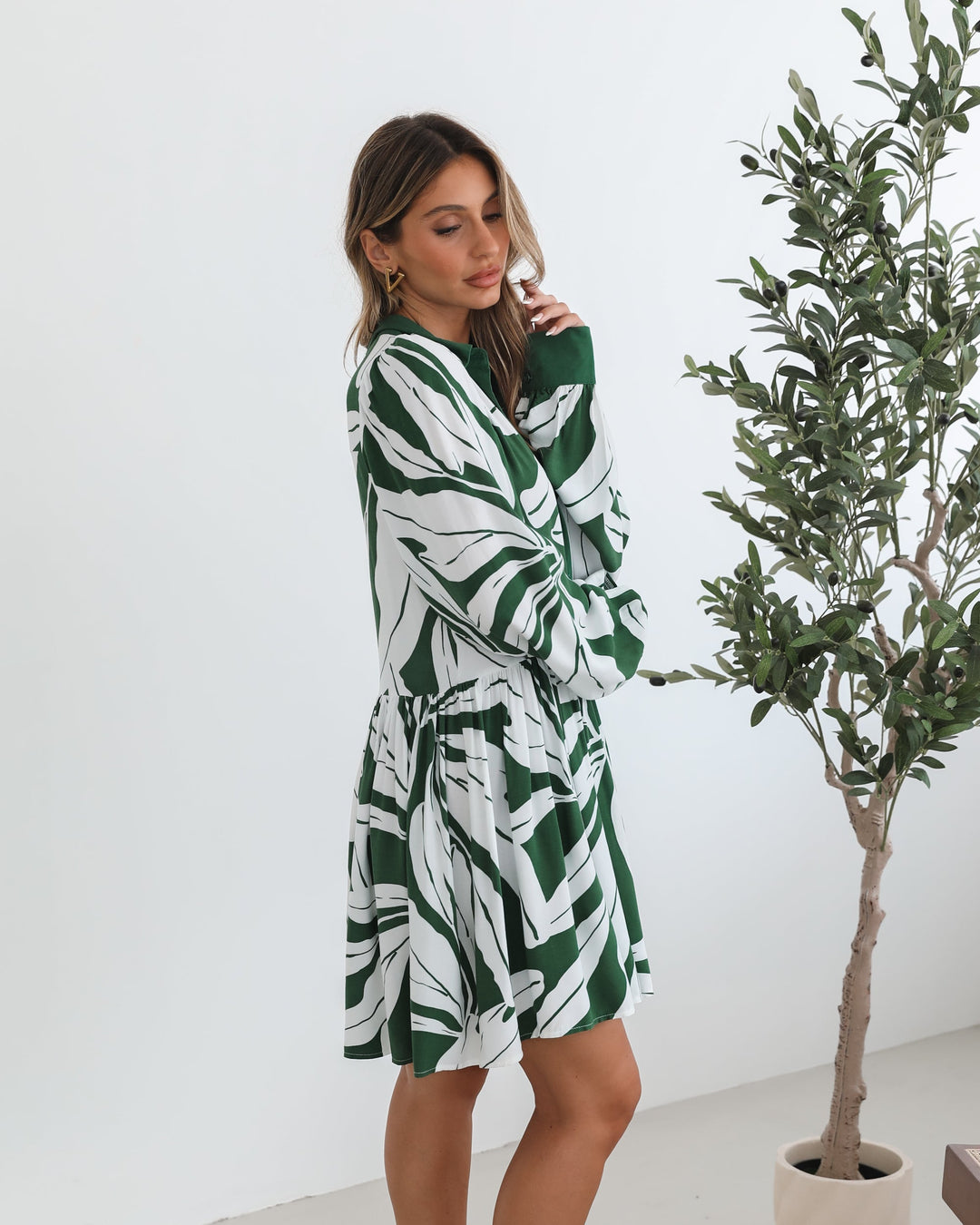 Mini Lengte | Dames | Eilynne Jurk | Groene Print | Overhemdkraag | Lange Mouwen