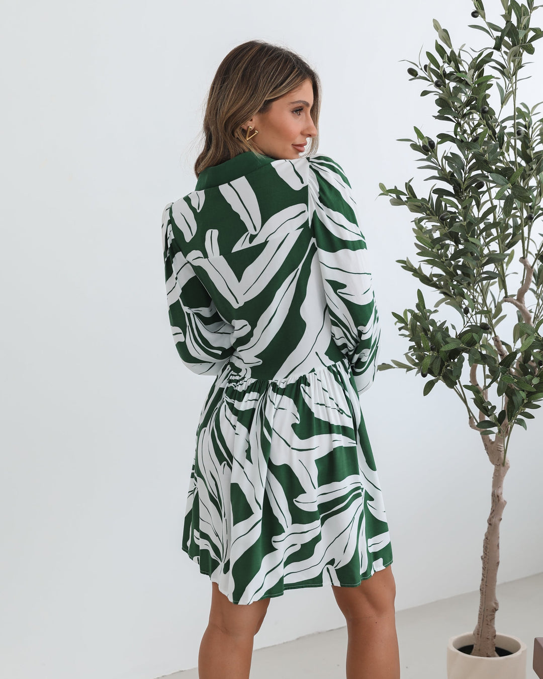 Mini Lengte | Dames | Eilynne Jurk | Groene Print | Overhemdkraag | Lange Mouwen