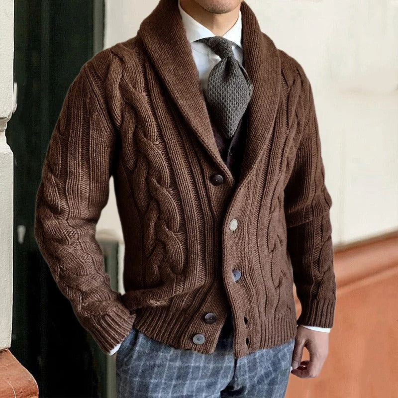 Heren Kabelgebreide Cardigan met Sjaalkraag en Knopen Sluiting