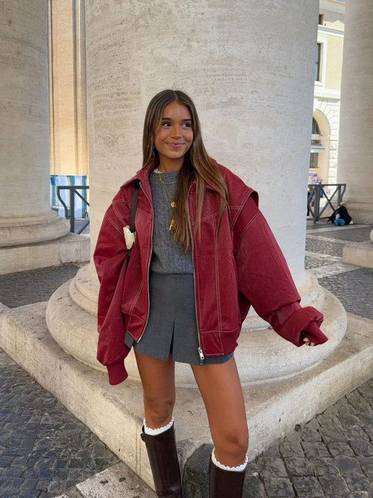 Oversized Leren Jas Dames – Trendy Semi-Leren Jacket met Rechte Pasvorm en Knoopsluiting