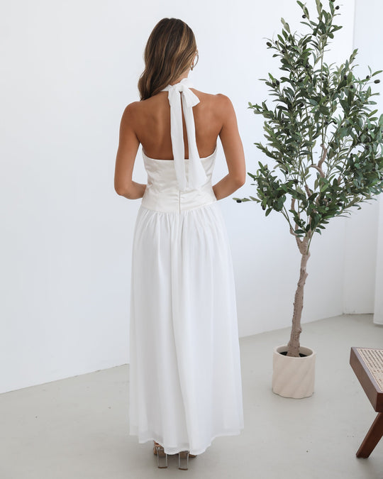 Francille Jurk | Wit |Dames | Halternek | Vloeiende Rok | Maxi Lengte