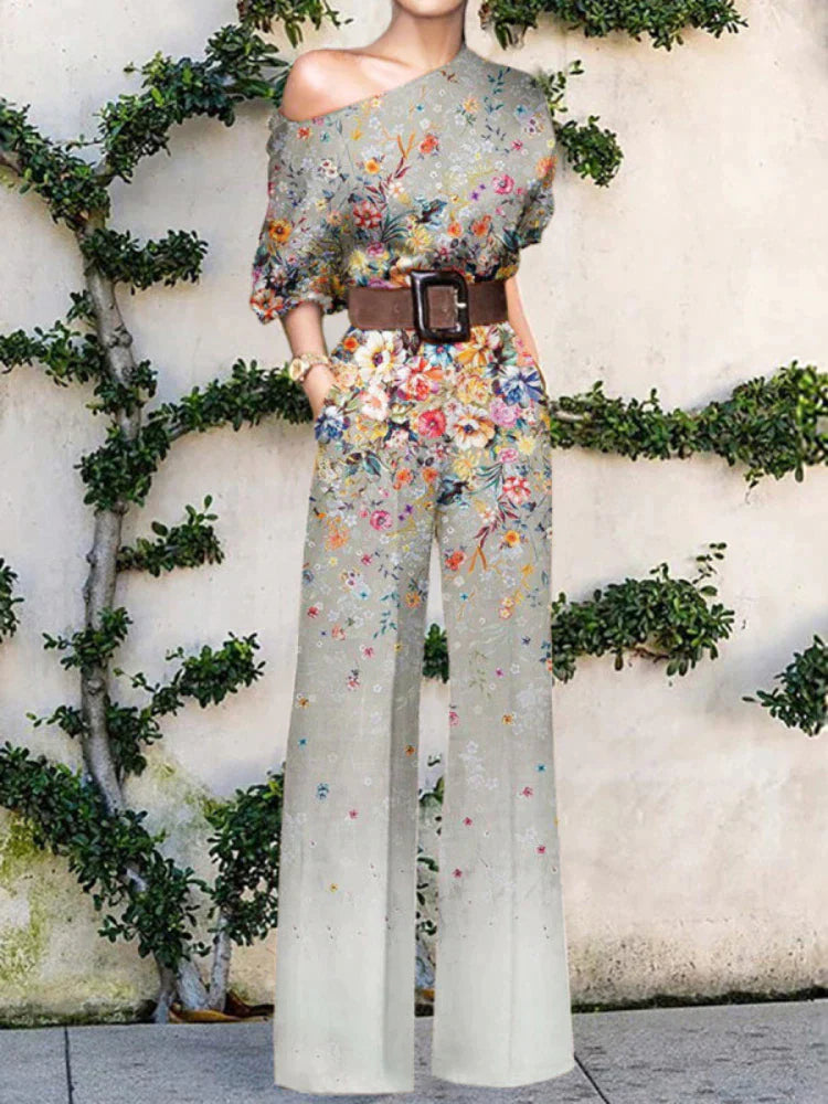 Dames Eén Schouder Wijde Pijpen Jumpsuit met Artistiek Print Ontwerp