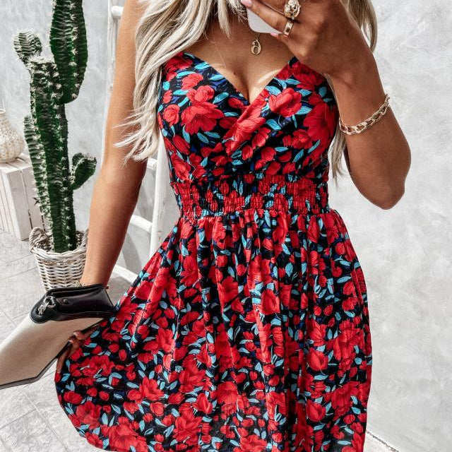 Zomerbloemenjurk met Diepe Decolleté en Rimpelingen
