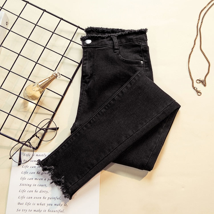 Damesjeans met franjes en hoge taille
