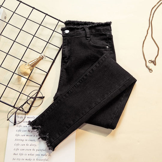 Damesjeans met franjes en hoge taille