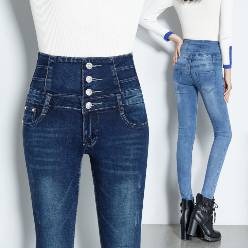 Dames Jeans met Dubbele Knopen en Hoge Taille