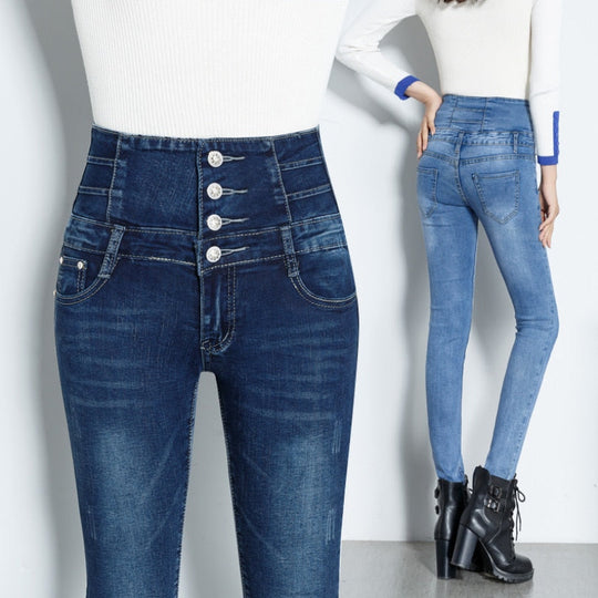 Dames Jeans met Dubbele Knopen en Hoge Taille