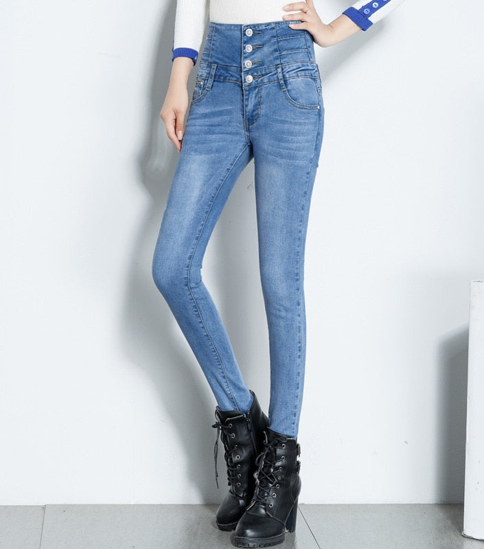 Dames Jeans met Dubbele Knopen en Hoge Taille